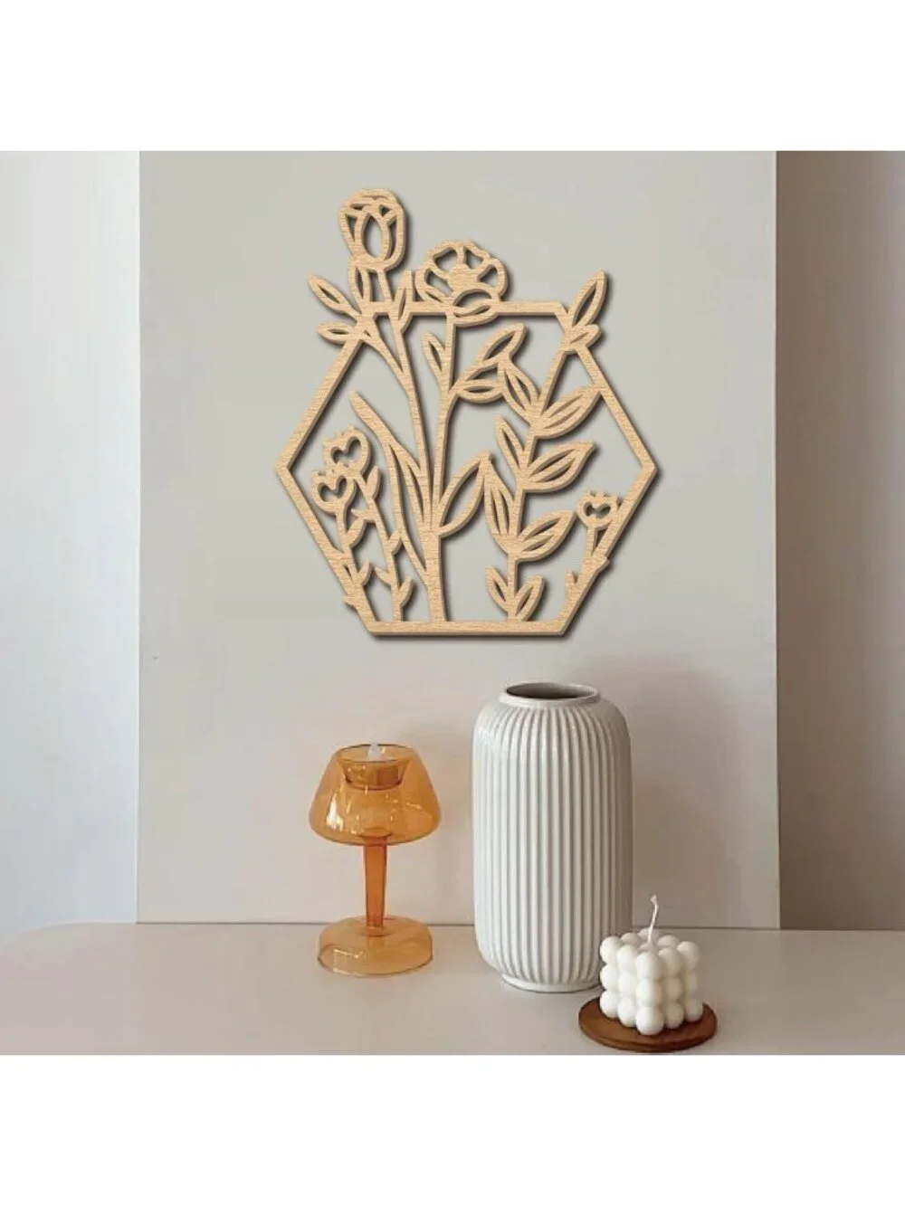 3-Piece Floral Wooden Wall Art Set - Hexagon Decor for Home, Bedroom & Office